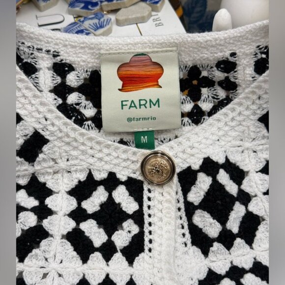 🆕 FARM Rio 🧿 NWT Patch Crochet Black & White Monochrome Button Up Jacket, Sz M - Picture 12 of 15